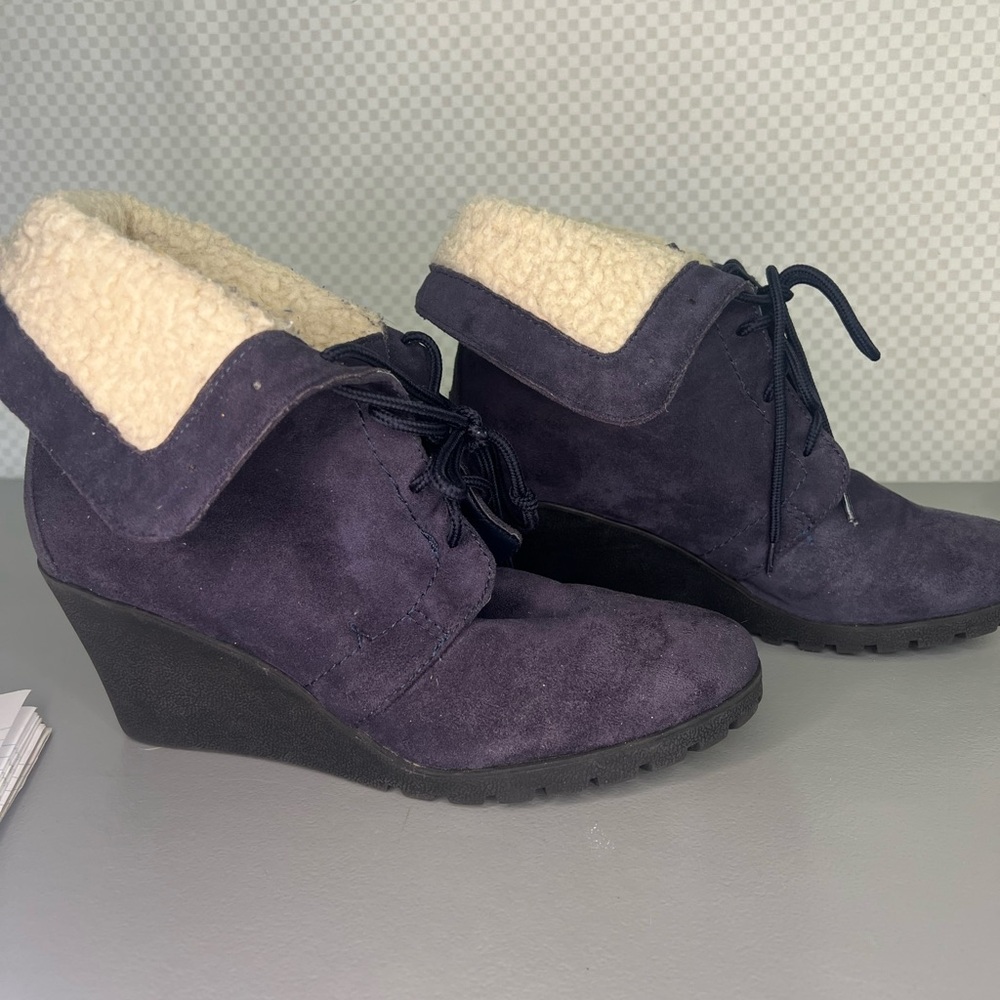 Nautica Rendon Wedge‎ Ankle Boots Women Purple Fold Fur Lace-Up Faux Leather 9.5